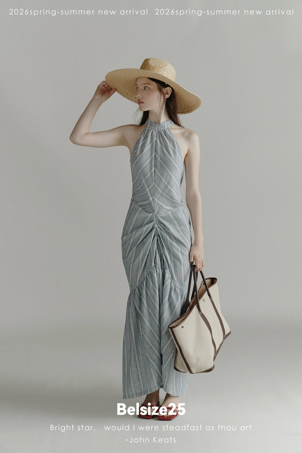 Blue Stripe Halter Neck Ruched Maxi Dress
