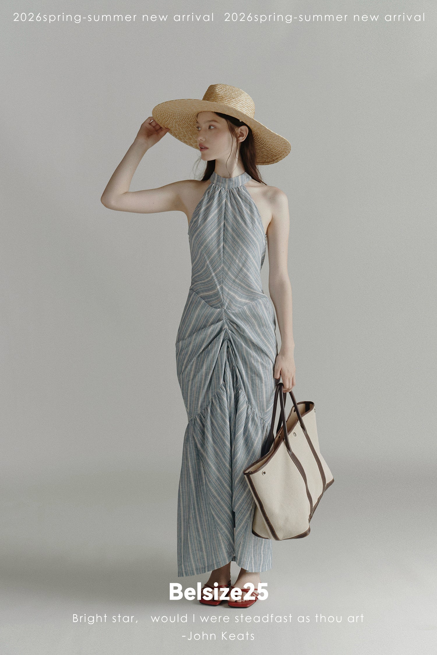 Blue Stripe Halter Neck Ruched Maxi Dress