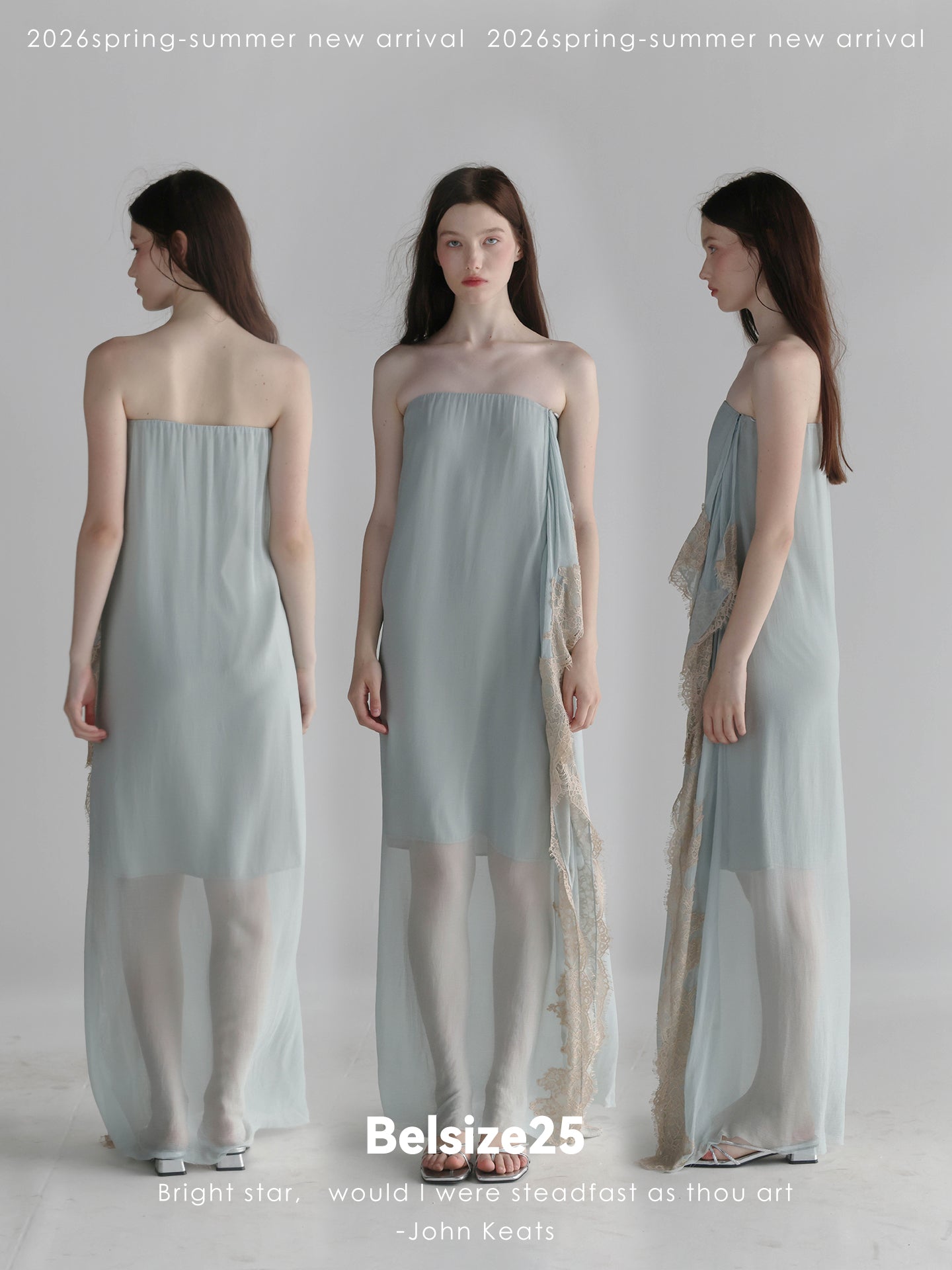 Moonlight Dress – Misty Blue Asymmetric Lace Trim Bandeau Dress with Ribbon Detail