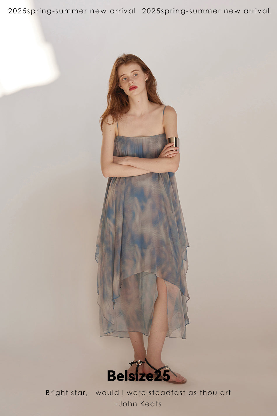 Lumen Printing Airy Blue Double-layered hem silk exclusive print resort dress