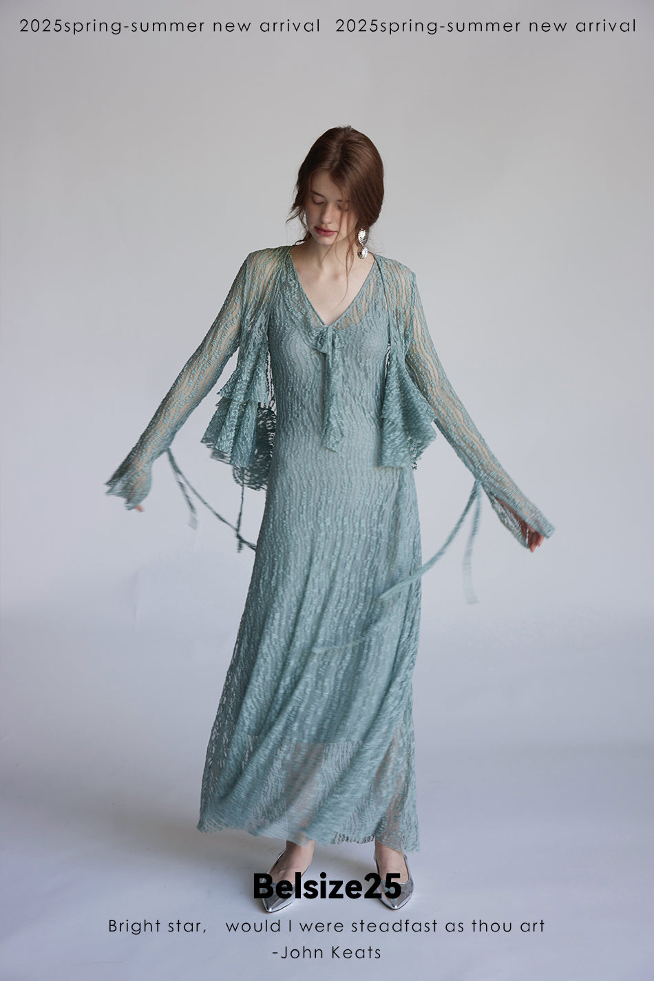 Trumpet dress Flared sleeve knit lace sheer tie dress