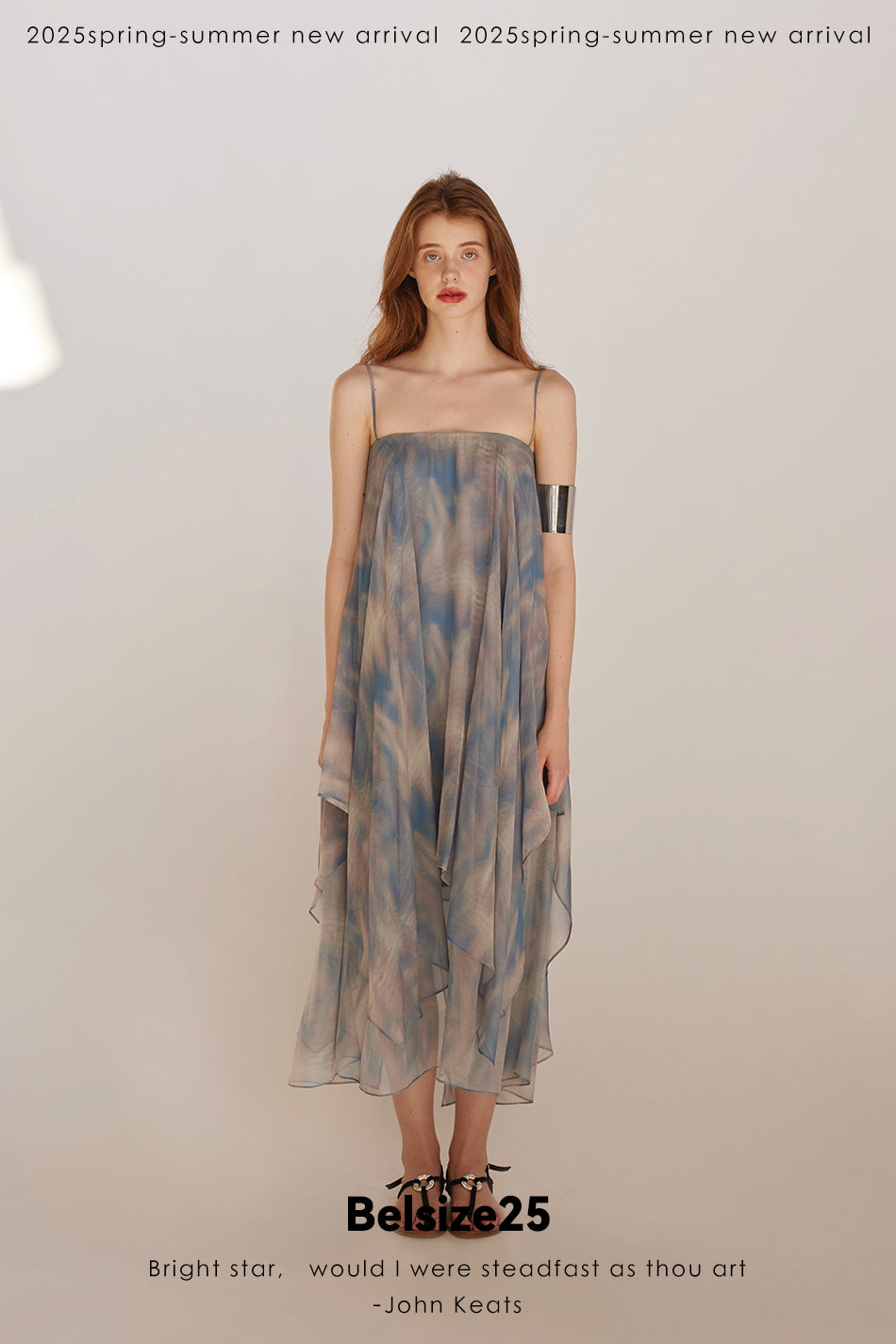 Lumen Printing Airy Blue Double-layered hem silk exclusive print resort dress