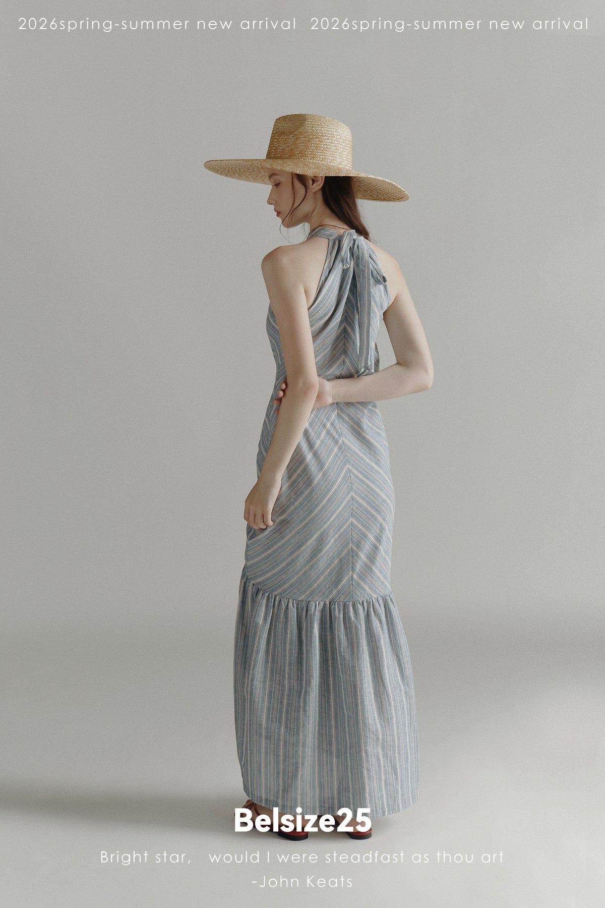 Blue Stripe Halter Neck Ruched Maxi Dress