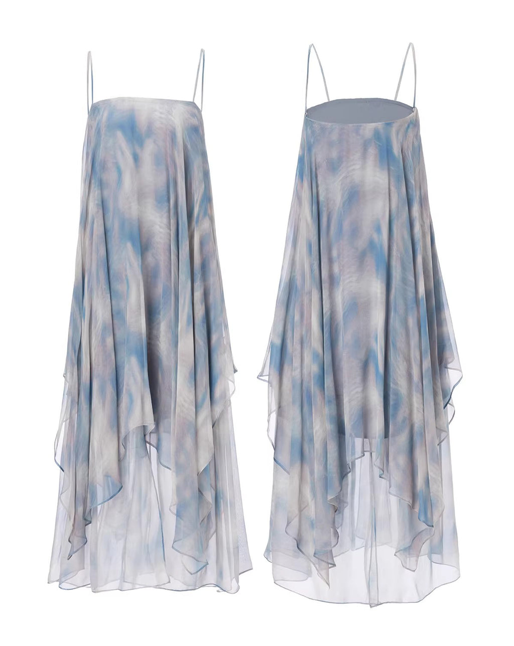 Lumen Printing Airy Blue Double-layered hem silk exclusive print resort dress