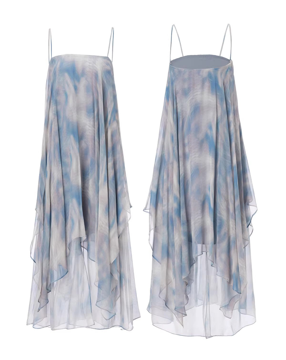 Lumen Printing Airy Blue Double-layered hem silk exclusive print resort dress