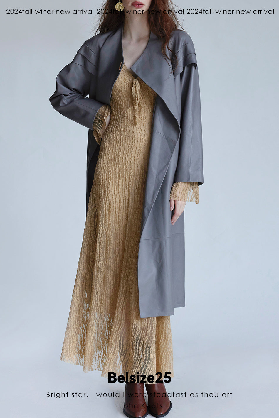 Dove suade Pigeon Grey Sheepskin Stand Collar Single-Button Loose Mid-Length Trench Coat
