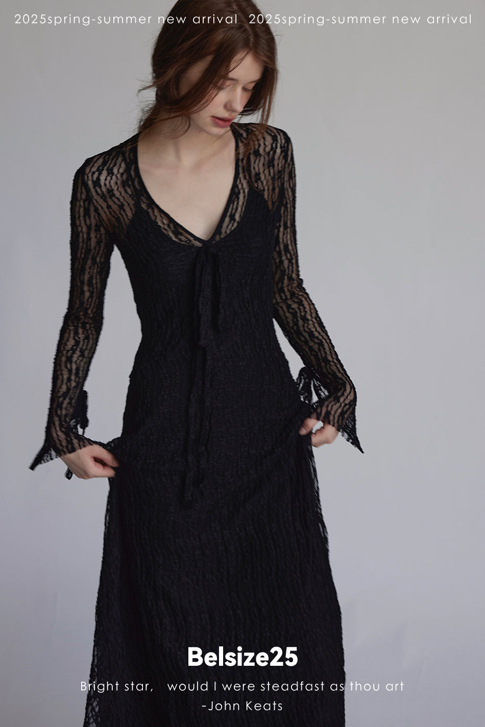 Trumpet dress Flared sleeve knit lace sheer tie dress