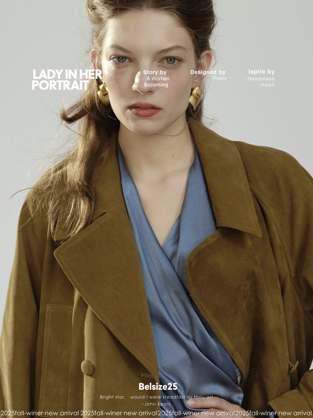 Pure goatskin hunting belted coat, pine cone green with a large lapel, soft and delicate texture.