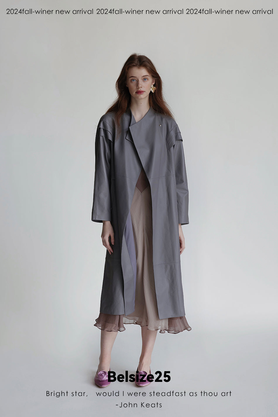 Dove suade Pigeon Grey Sheepskin Stand Collar Single-Button Loose Mid-Length Trench Coat