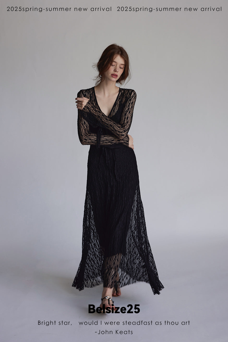 Trumpet dress Flared sleeve knit lace sheer tie dress