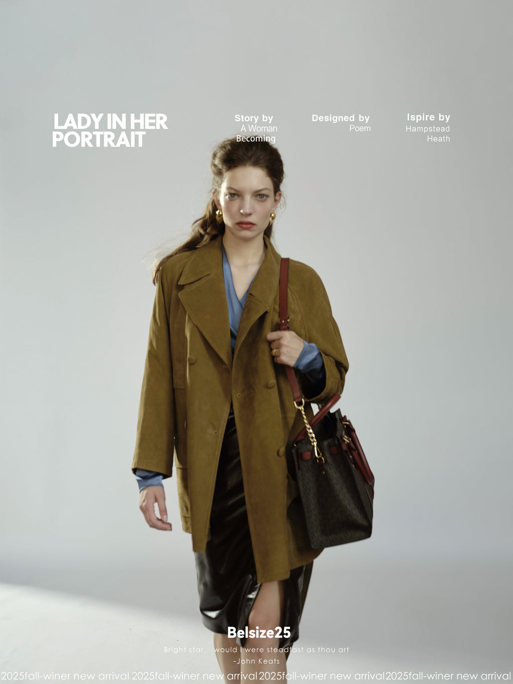 Pure goatskin hunting belted coat, pine cone green with a large lapel, soft and delicate texture.