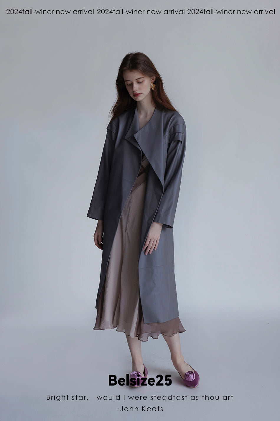 Dove suade Pigeon Grey Sheepskin Stand Collar Single-Button Loose Mid-Length Trench Coat