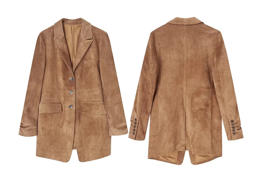 Nuback suit Pigskin suede Maillard lapel H-line mid-length suit jacket