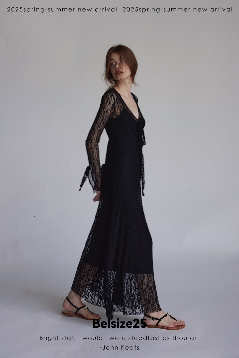 Trumpet dress Flared sleeve knit lace sheer tie dress
