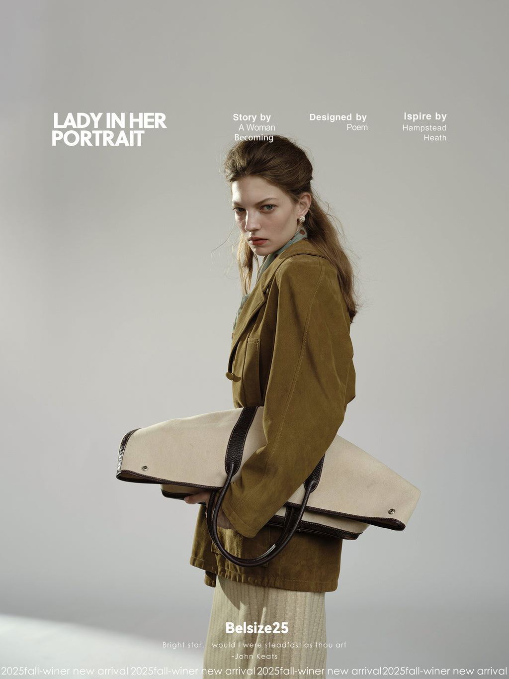 Pure goatskin hunting belted coat, pine cone green with a large lapel, soft and delicate texture.