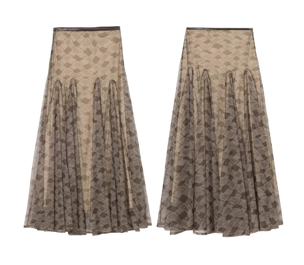Extra large 5-meter-long skirt with mesh checkered leather patchwork waistband