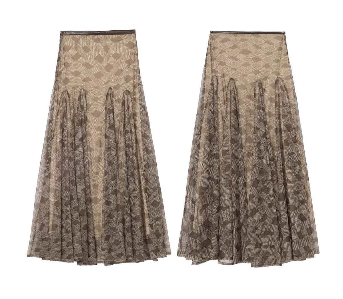 Extra large 5-meter-long skirt with mesh checkered leather patchwork waistband