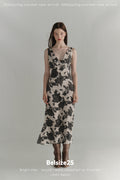 Black & Cream Floral V-Neck Midi Dress
