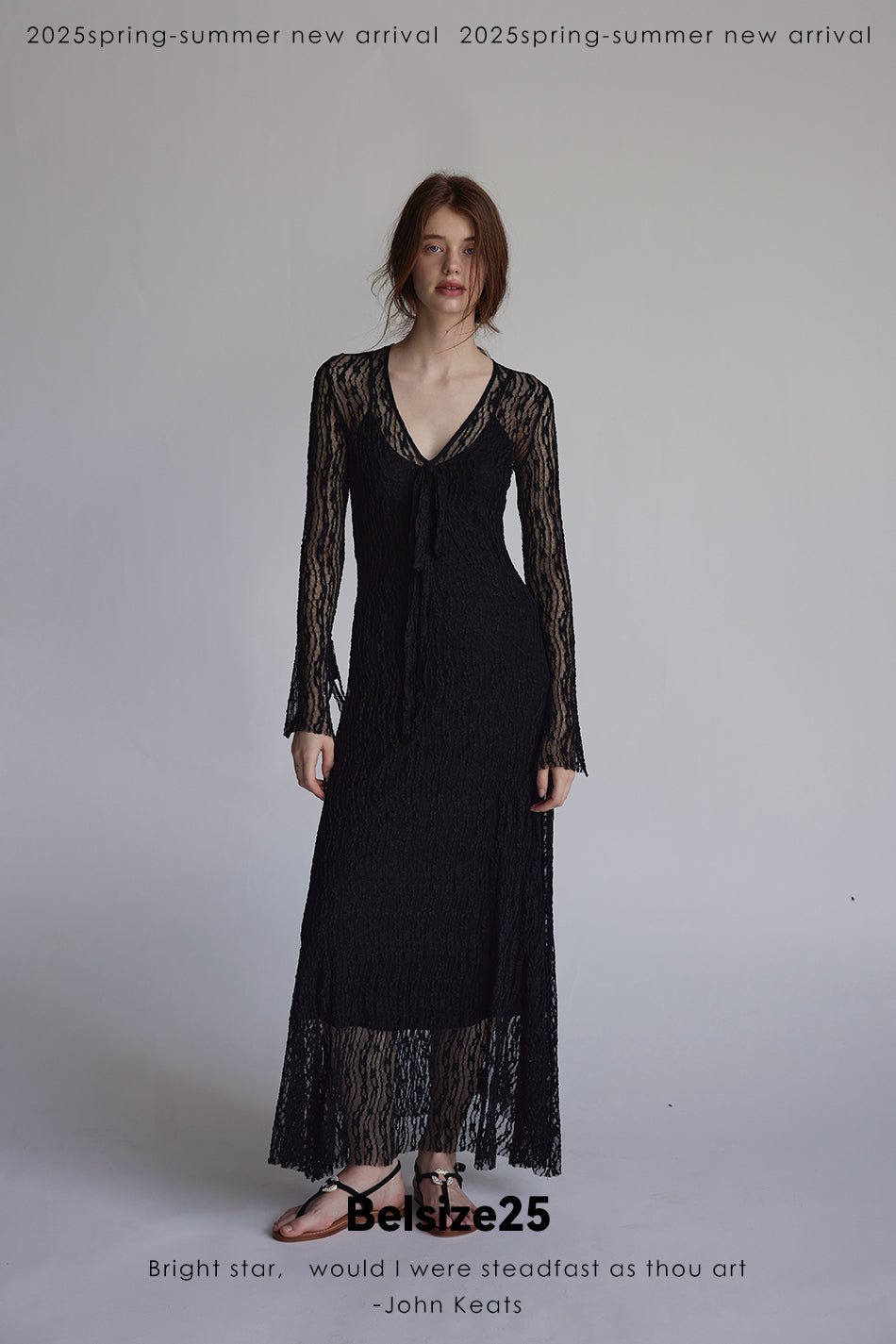 Trumpet dress Flared sleeve knit lace sheer tie dress