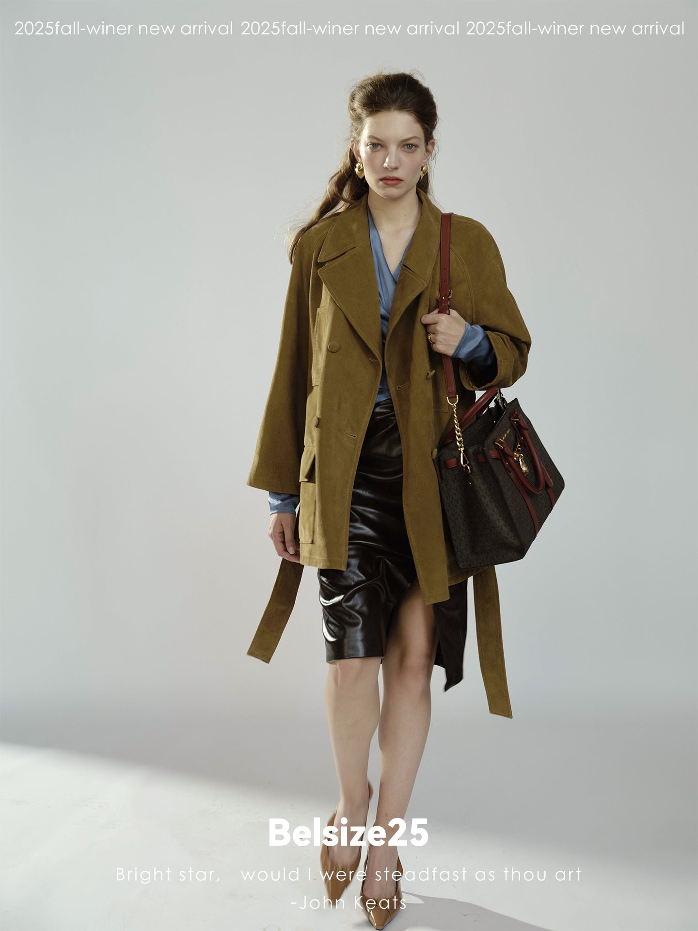 Pure goatskin hunting belted coat, pine cone green with a large lapel, soft and delicate texture.