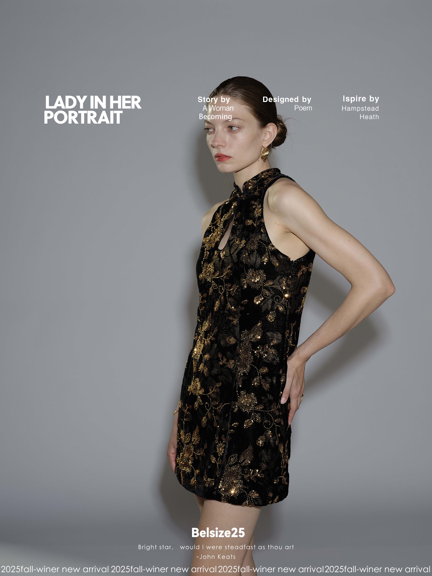 Golden garden Velvet beaded floral black and gold off-shoulder short cheongsam dress, retro heiress style.