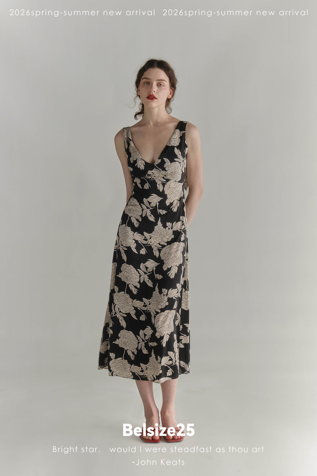 Black & Cream Floral V-Neck Midi Dress