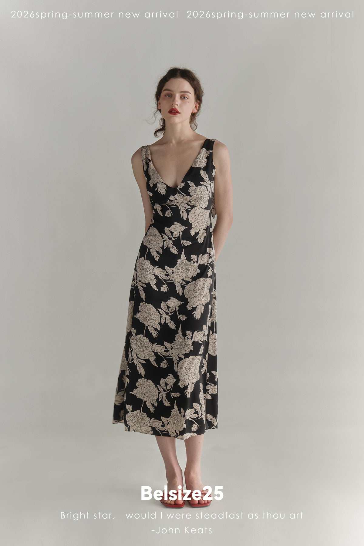Black & Cream Floral V-Neck Midi Dress