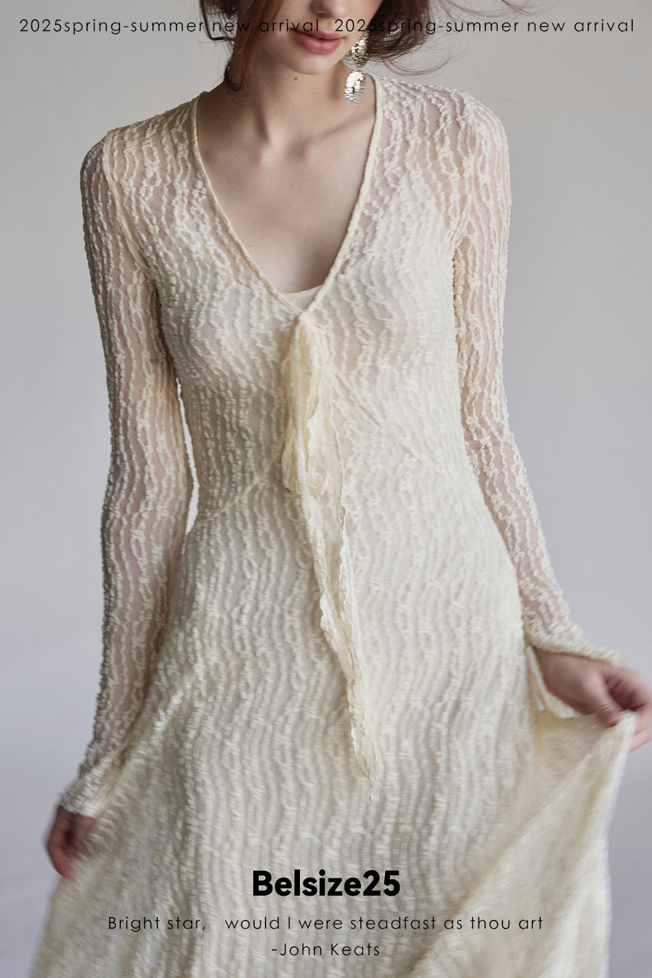 Trumpet dress Flared sleeve knit lace sheer tie dress