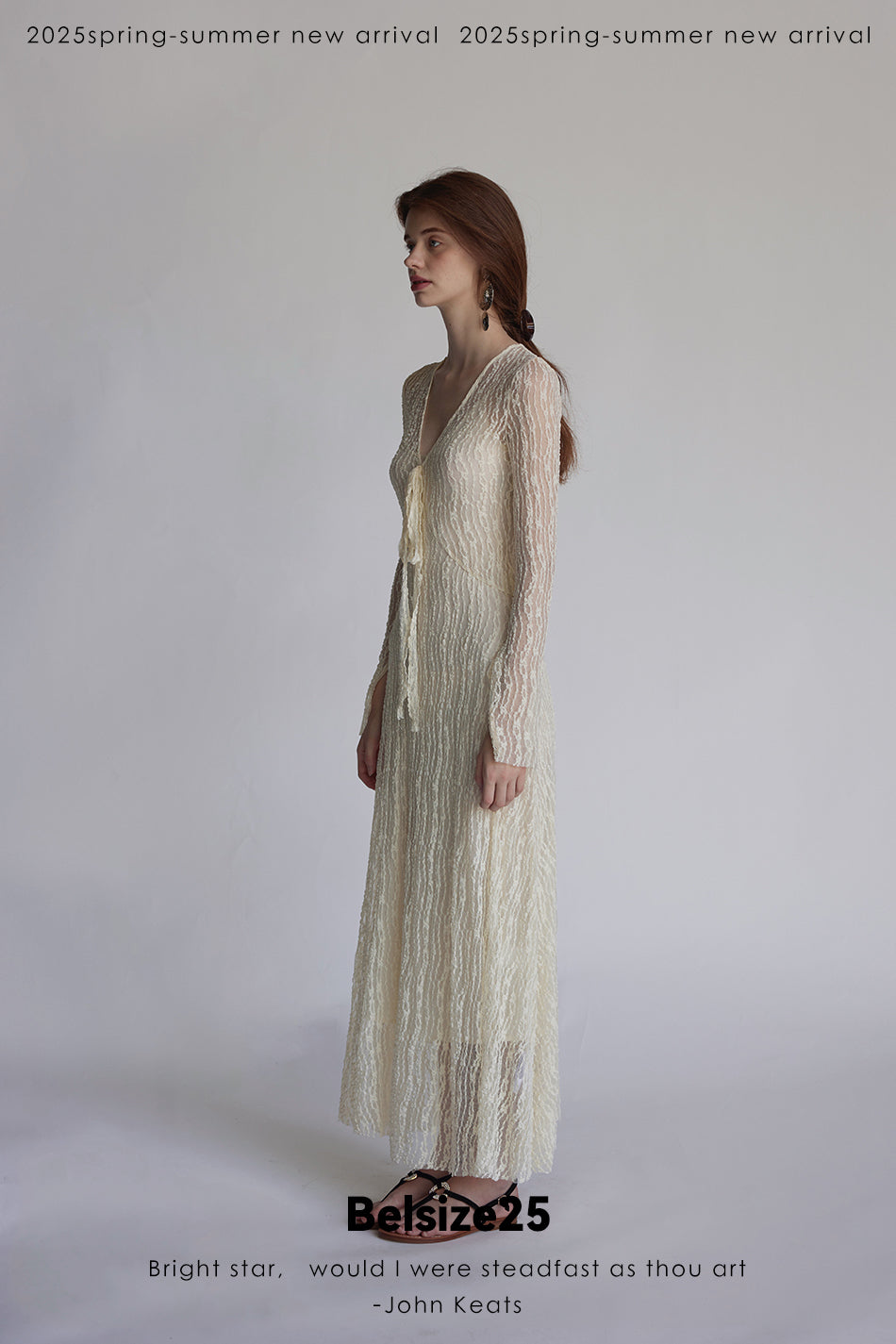 Trumpet dress Flared sleeve knit lace sheer tie dress