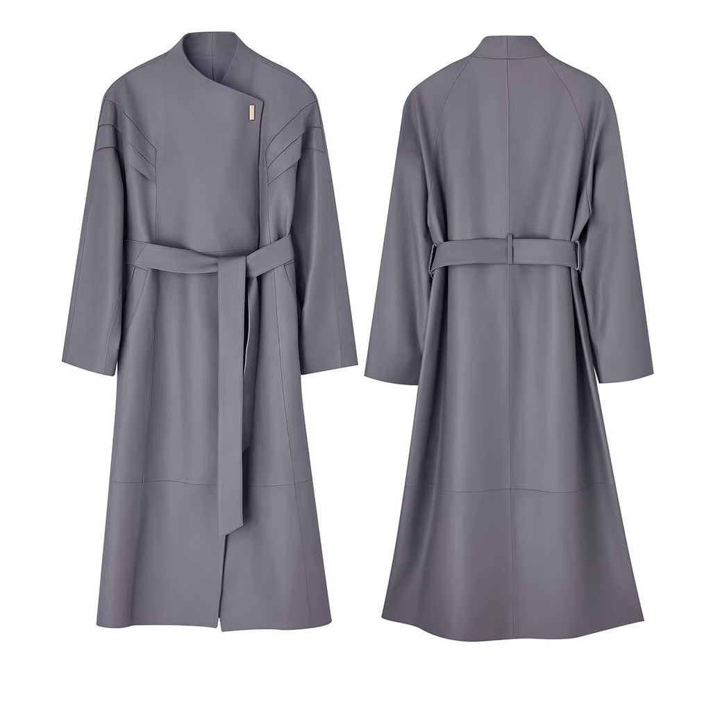 Dove suade Pigeon Grey Sheepskin Stand Collar Single-Button Loose Mid-Length Trench Coat