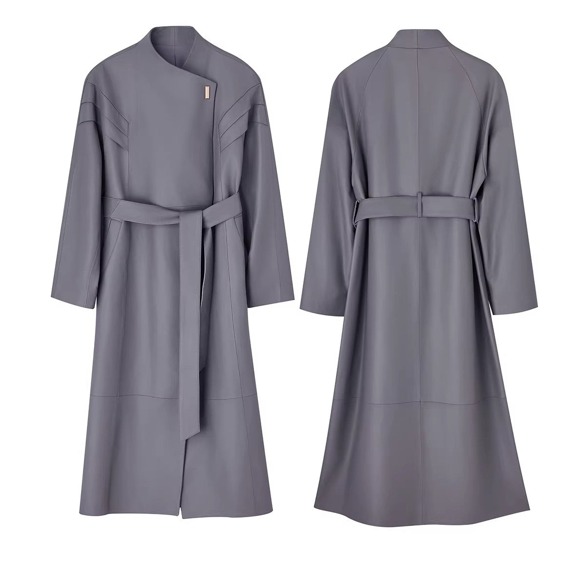 Dove suade Pigeon Grey Sheepskin Stand Collar Single-Button Loose Mid-Length Trench Coat