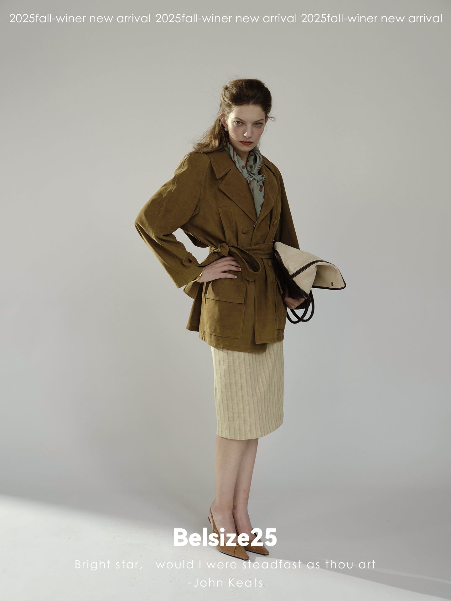 Pure goatskin hunting belted coat, pine cone green with a large lapel, soft and delicate texture.