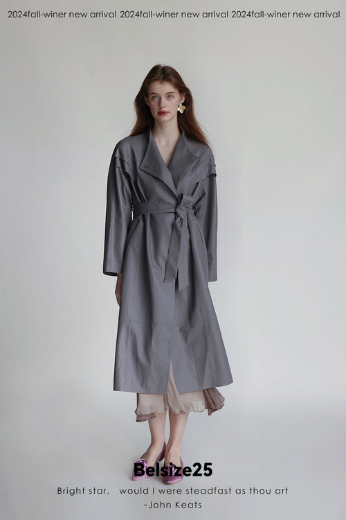 Dove suade Pigeon Grey Sheepskin Stand Collar Single-Button Loose Mid-Length Trench Coat