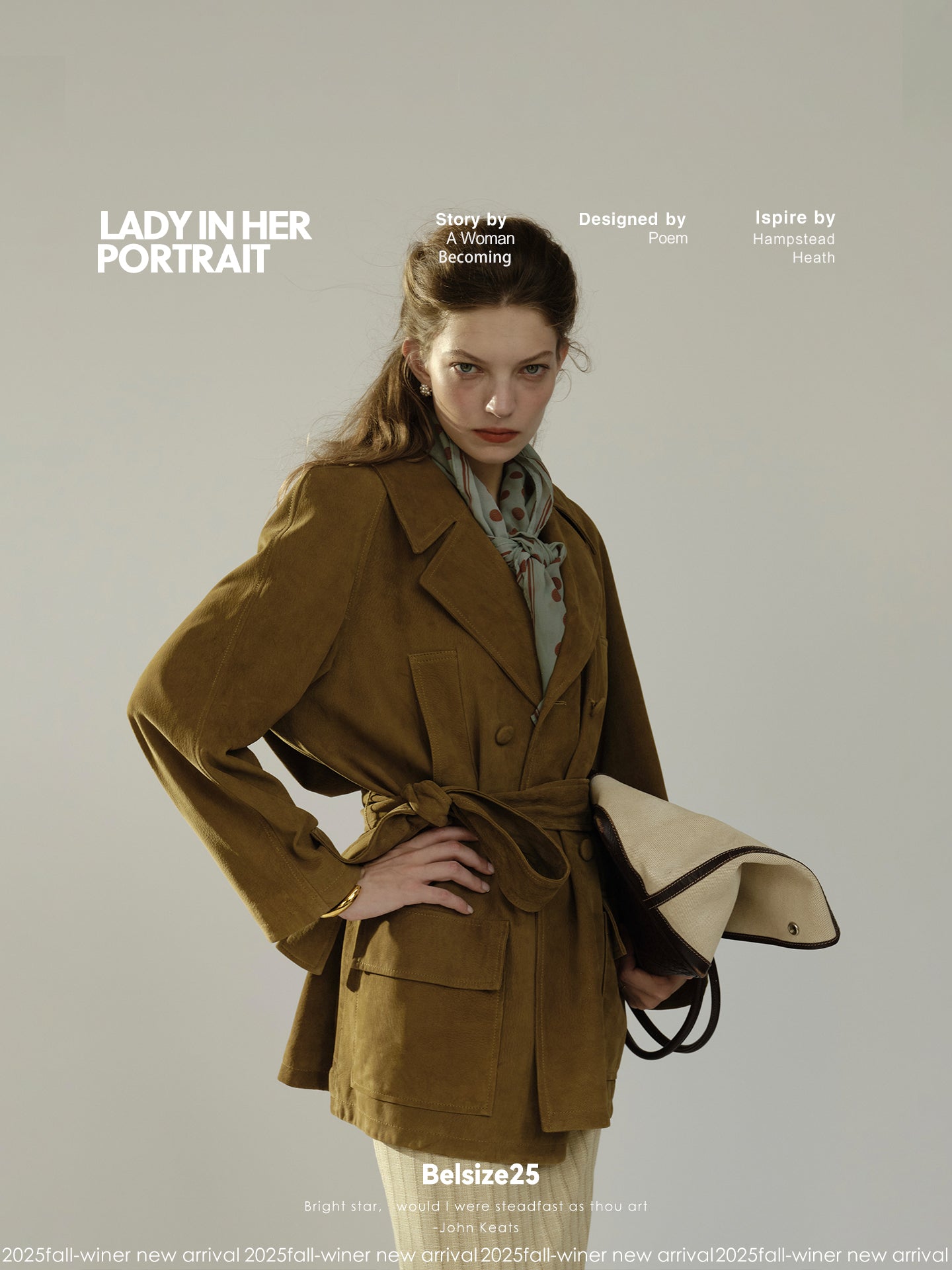 Pure goatskin hunting belted coat, pine cone green with a large lapel, soft and delicate texture.