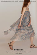 Lumen Printing Airy Blue Double-layered hem silk exclusive print resort dress