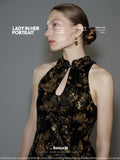 Golden garden Velvet beaded floral black and gold off-shoulder short cheongsam dress, retro heiress style.