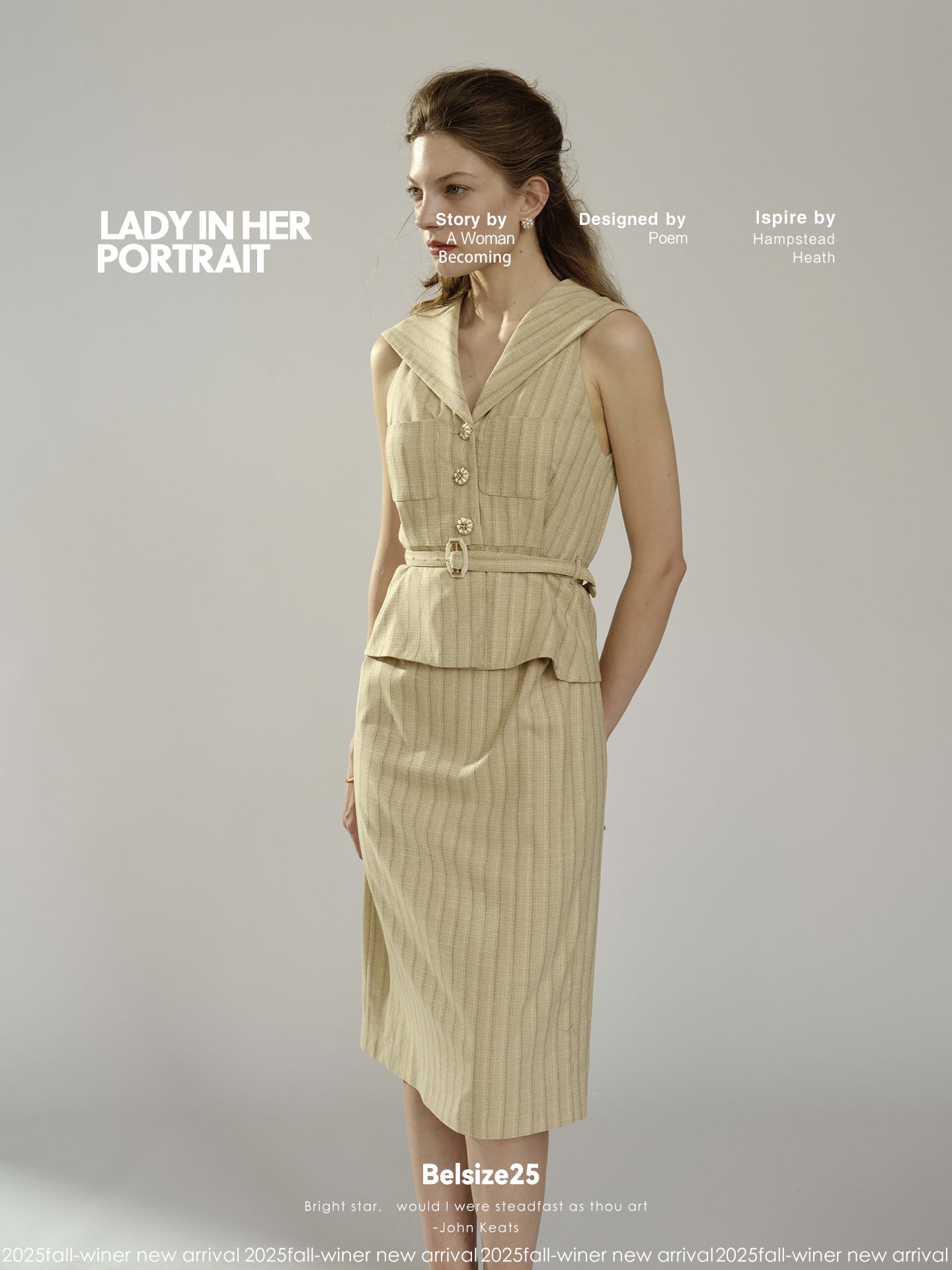Italian Resort Series Dress with dark stripes, linen color, elegant faux two-piece design, sailor collar
