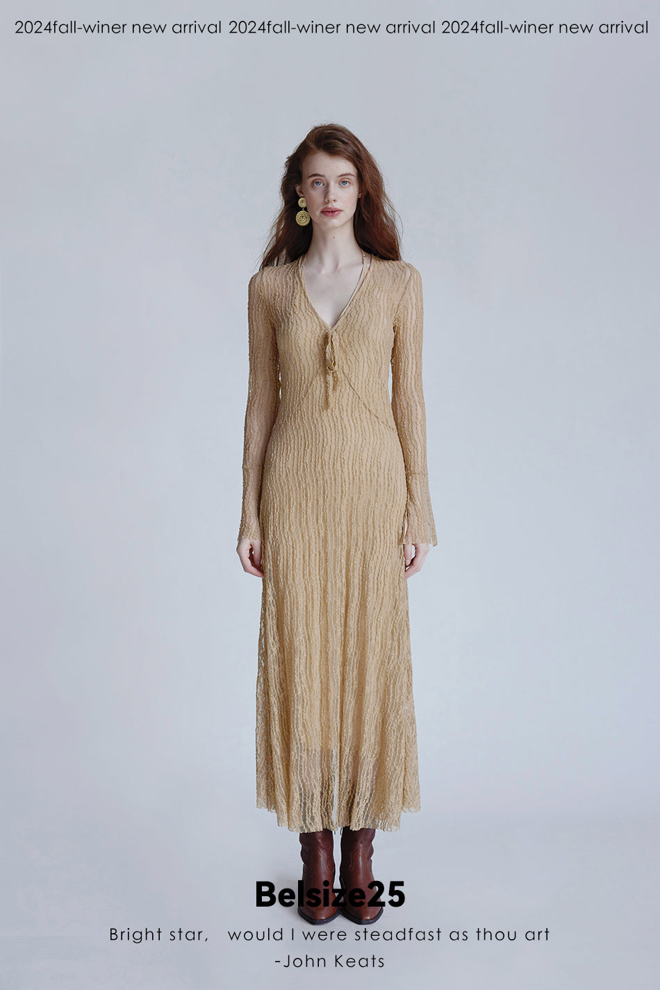 Trumpet dress Flared sleeve knit lace sheer tie dress