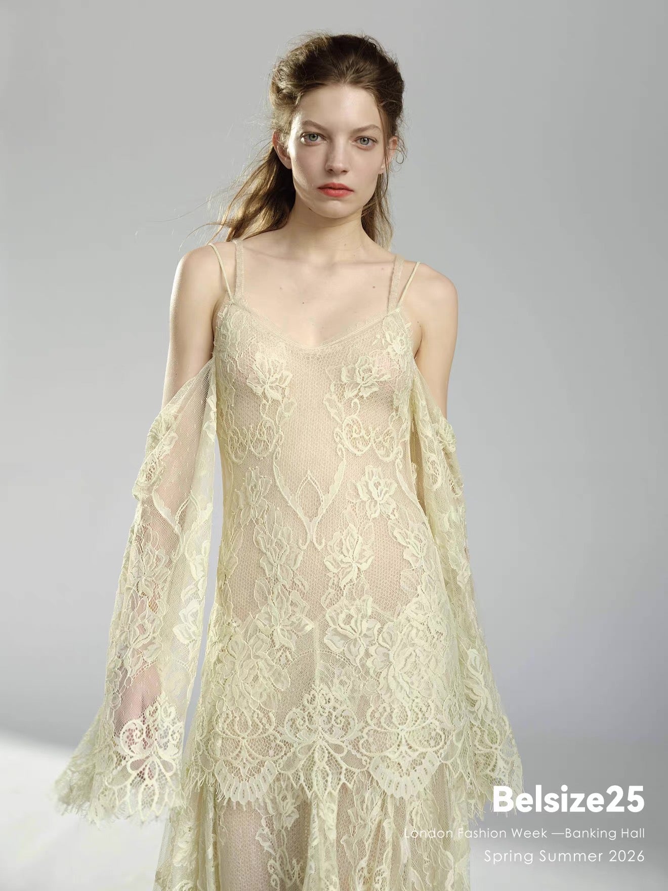 Ivory Lace Maxi Dress with Off-Shoulder Sleeves FREE CAMISOLE INCLUDED