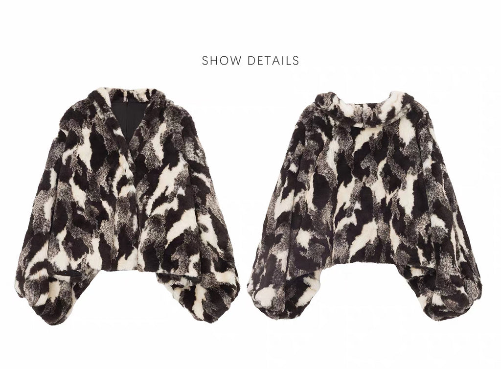 Black & Ivory Abstract Faux Fur Jacket
