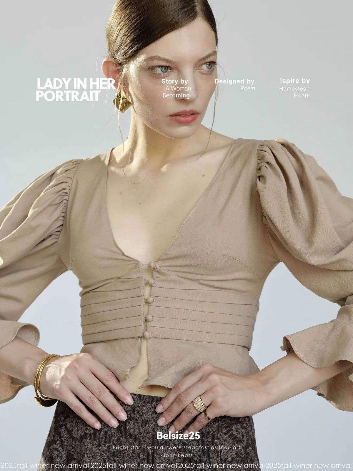 Taupe Ruched Puff Sleeve Cropped Top