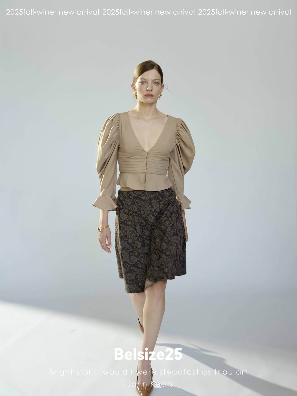 Taupe Ruched Puff Sleeve Cropped Top