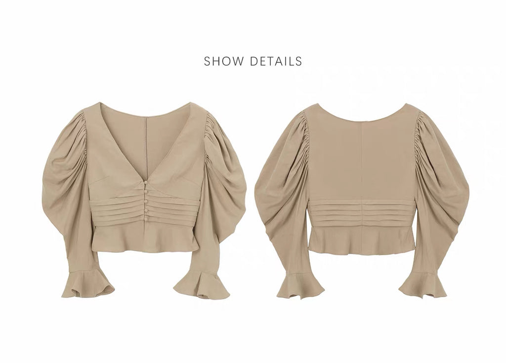 Taupe Ruched Puff Sleeve Cropped Top
