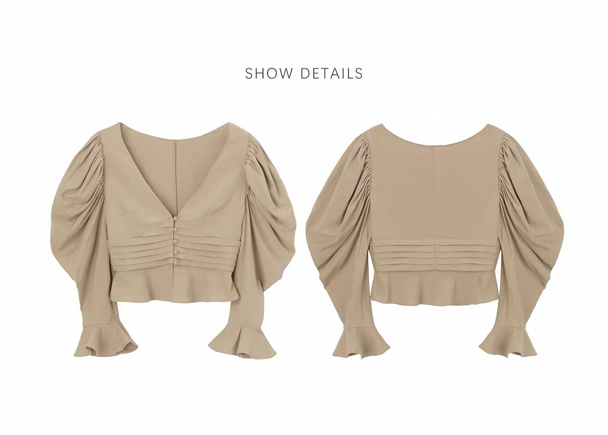 Taupe Ruched Puff Sleeve Cropped Top
