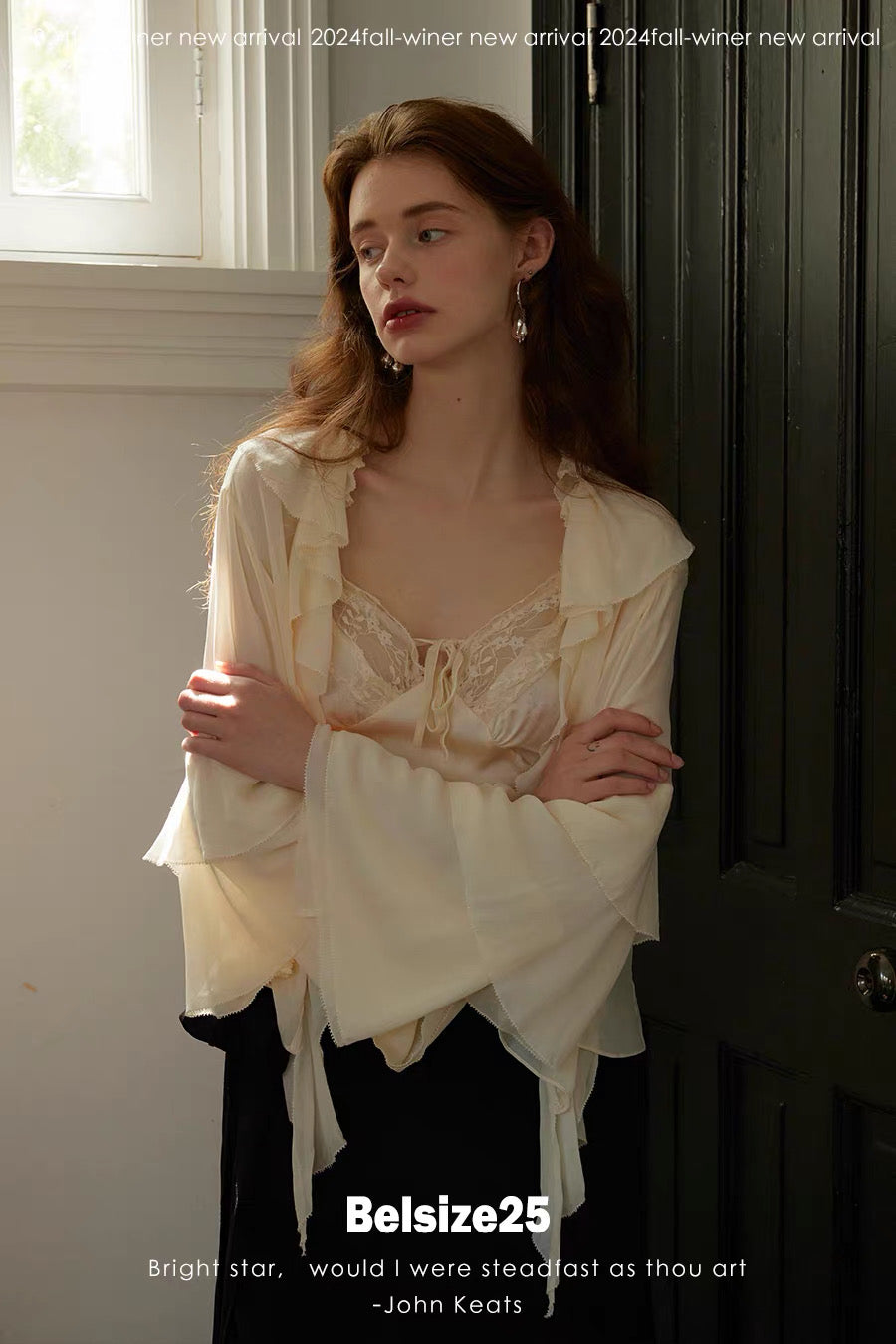 Lily Shirt – Ruffle Trim Silk Chiffon Flared Sleeve Blouse