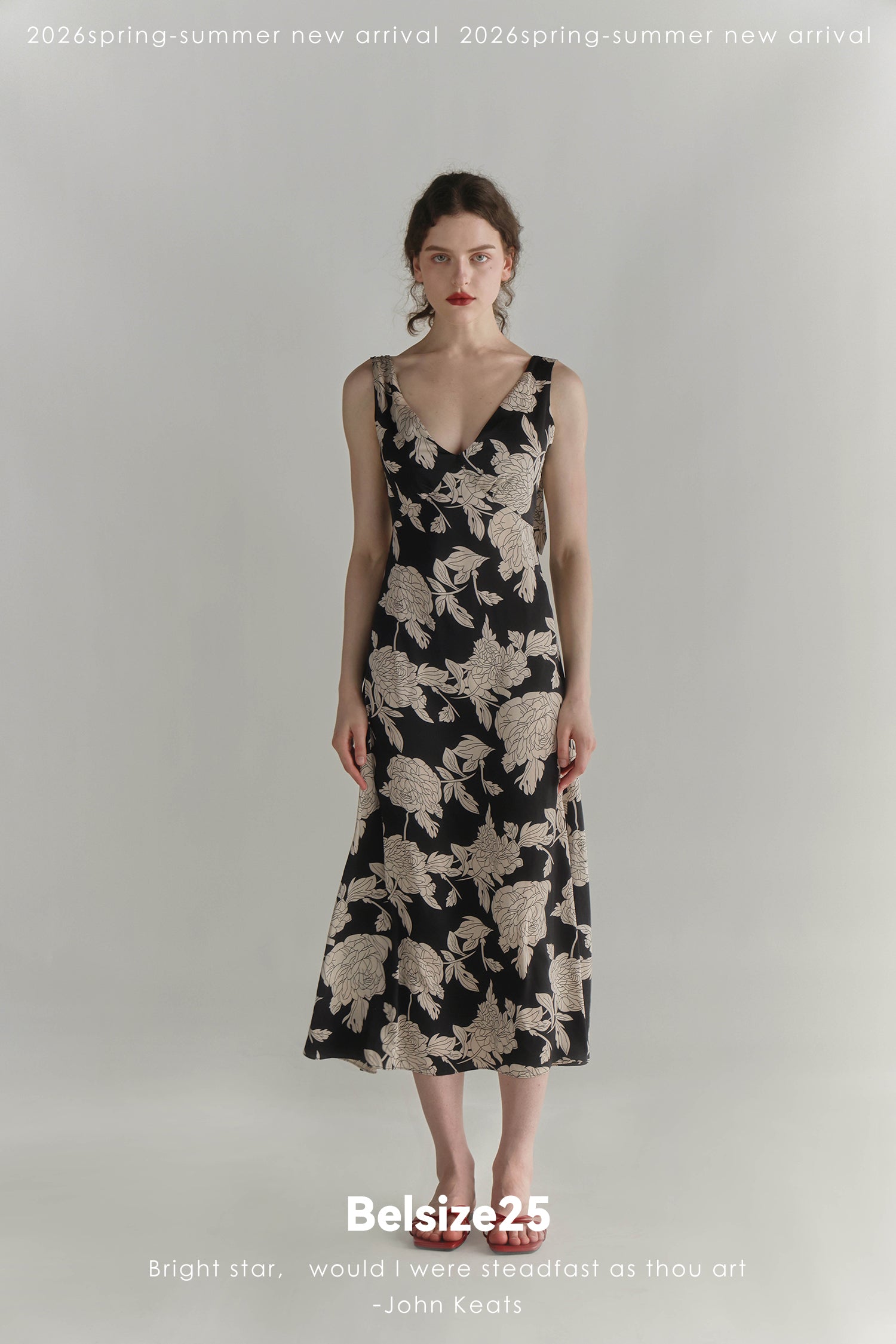 Black & Cream Floral V-Neck Midi Dress