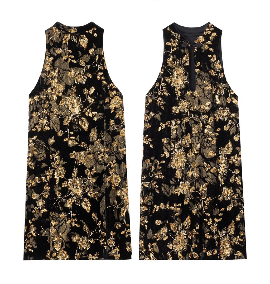 Golden garden Velvet beaded floral black and gold off-shoulder short cheongsam dress, retro heiress style.