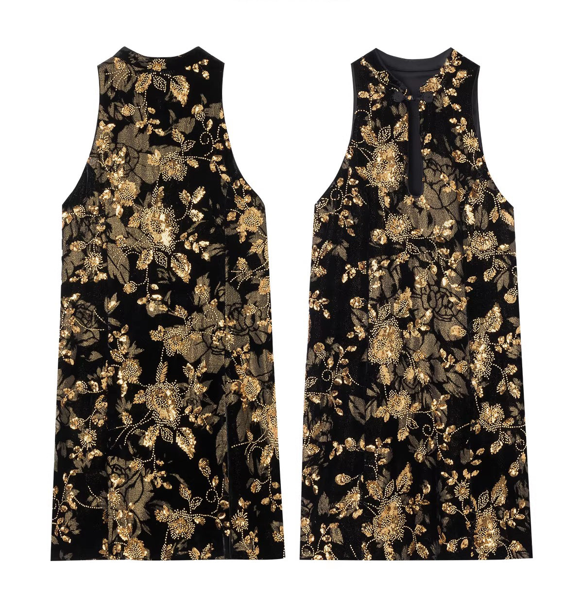 Golden garden Velvet beaded floral black and gold off-shoulder short cheongsam dress, retro heiress style.