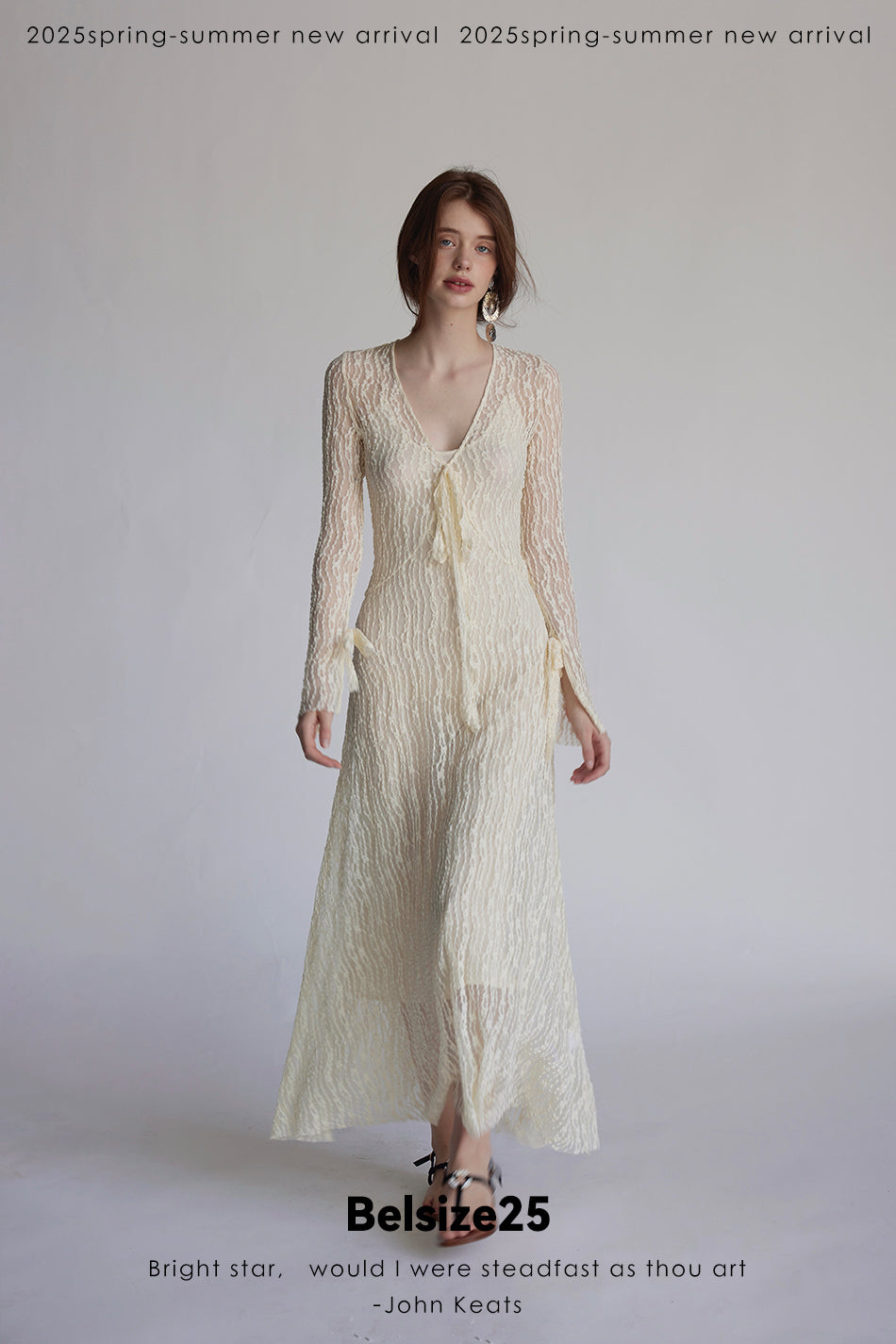 Trumpet dress Flared sleeve knit lace sheer tie dress