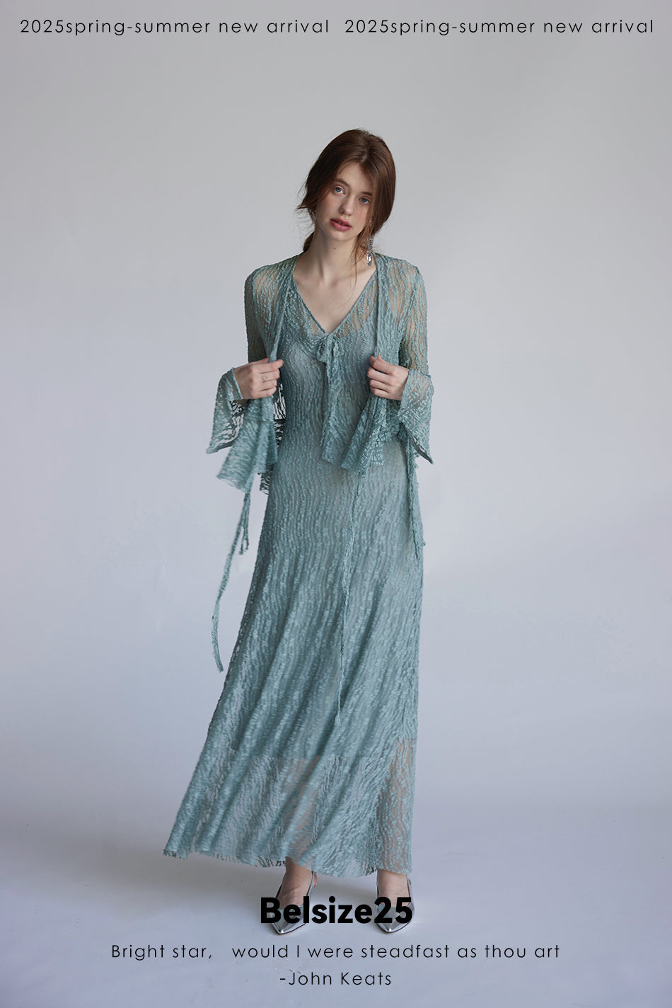 Trumpet dress Flared sleeve knit lace sheer tie dress